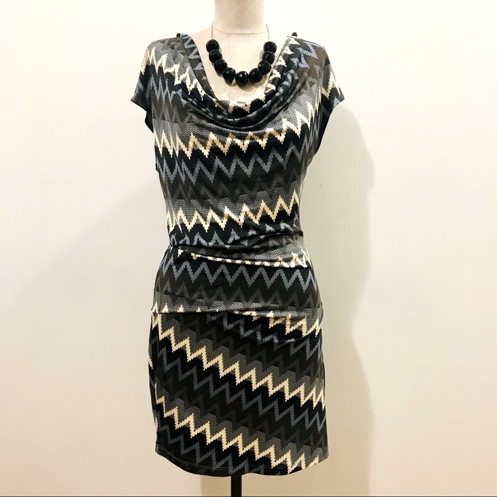 Janette multicolor chevron pattern dress with gathered side and cowl neck Size M